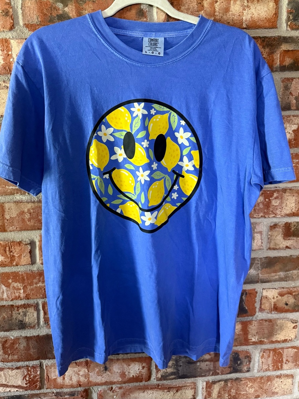 Comfort Colors Blue Tee with Yellow Lemon Smiley Graphic